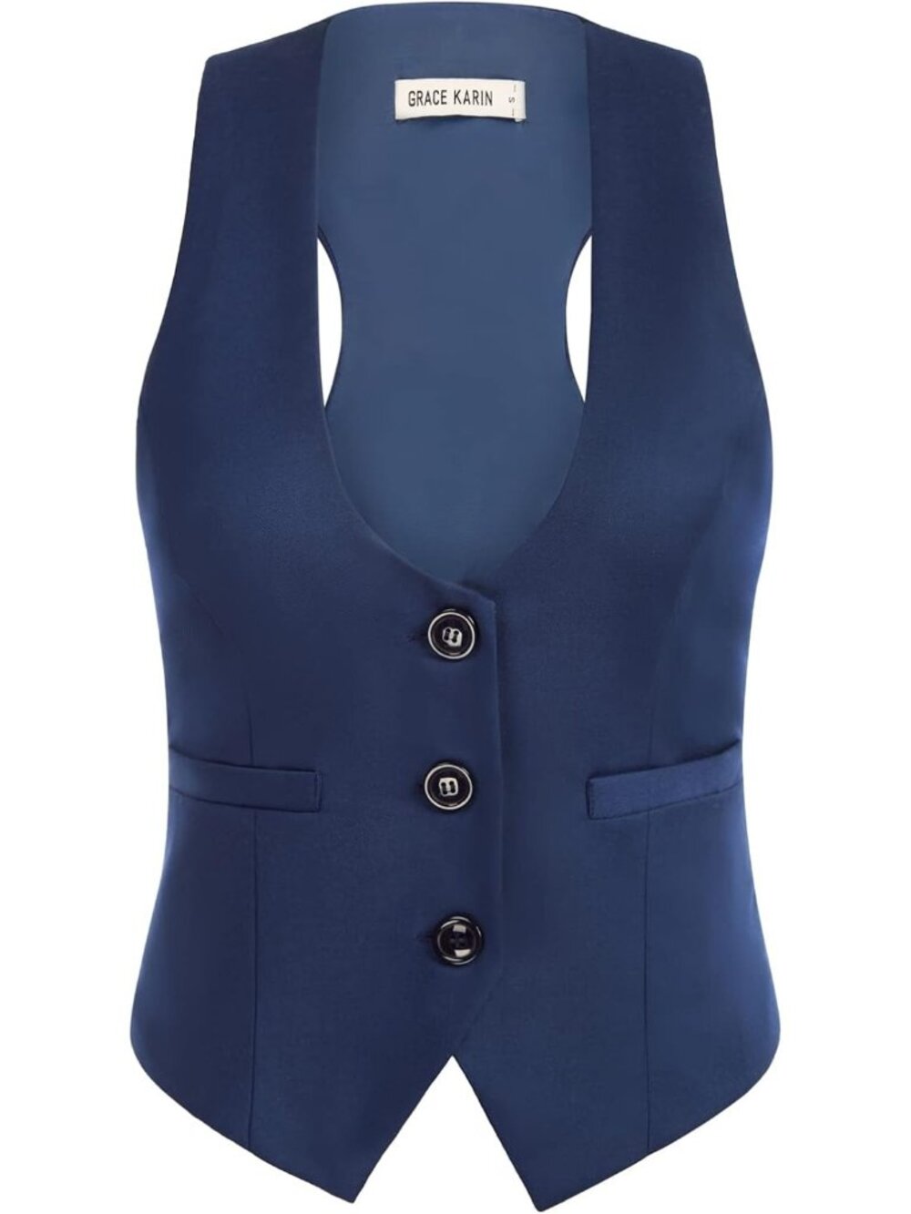 Women's Navy Blue Dressy Casual Sleeveless Button Waistcoat Suit Vest Tops